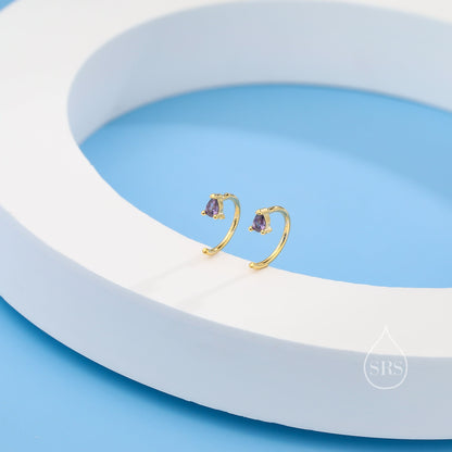 Amethyst Purple CZ Droplet Huggie Hoop Earrings in Sterling Silver, Tiny Purple Pear Cut CZ Open Hoops, Pull Through Threaders, Half Hoops