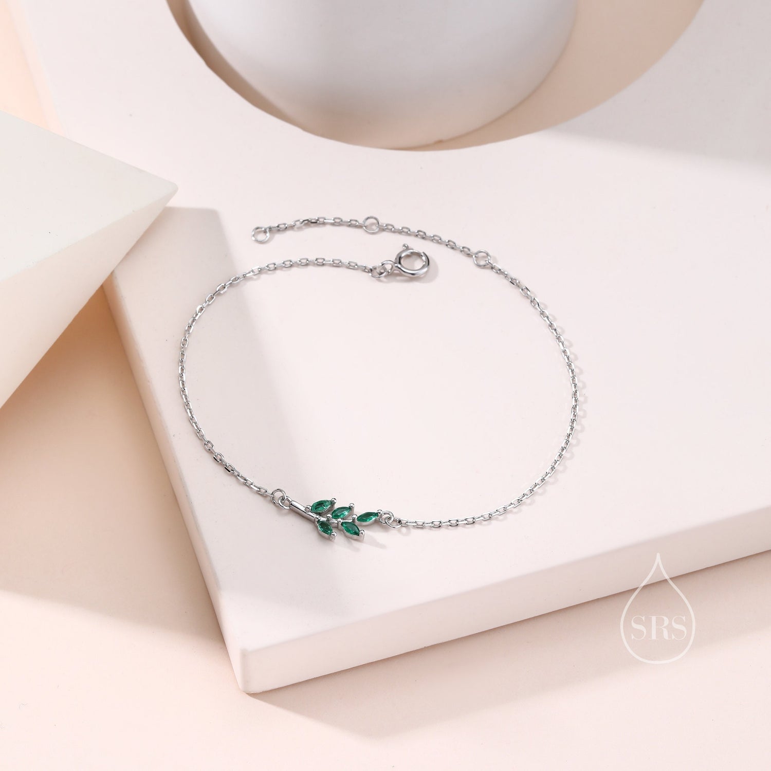 Green CZ Olive Leaf Motif Bracelet