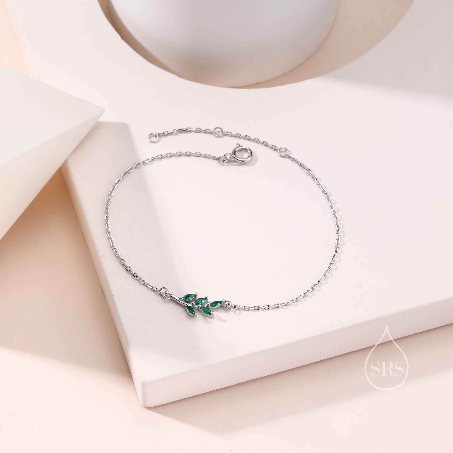 Green CZ Olive Leaf Motif Bracelet