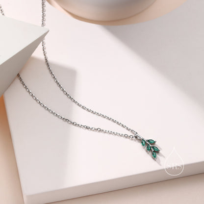 Tiny Little Emerald Green CZ Leaf Pendant Necklace in Sterling Silver, Olive Leaf Necklace, Olive Branch Necklace, Nature Inspired