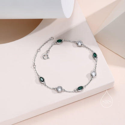 Emerald Green and Clear CZ Bracelet in Sterling Silver, Silver or Gold or Rose Gold , Oval Green CZ Bracelet, Satellite Bracelet