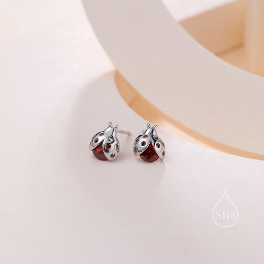 Tiny CZ Labybird Stud Earrings in Sterling Silver, Silver or Gold, Ladybug Earrings, Cute Red Ladybird Earrings