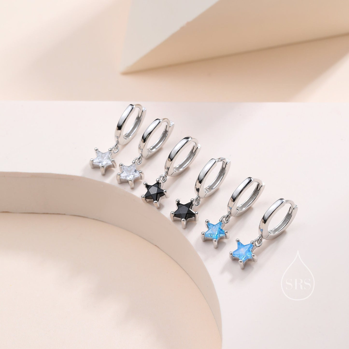 Sparkly CZ Star Huggie Hoop Earrings in Sterling Silver, Aquamarine Blue Star Hoops, North Star Dangle Earrings, Celestial Jewellery