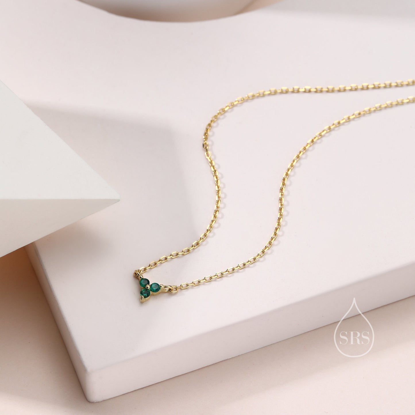 Extra Tiny Emerald Green CZ Trio Pendant Necklace in Sterling Silver, Available in Clear CZ or Green CZ, Silver or Gold,