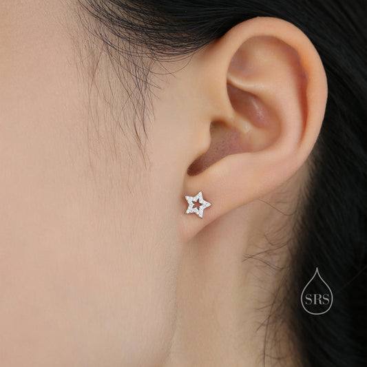 CZ Star Stud Earrings in Sterling Silver, Silver, Gold or Rose Gold, Open Star Earrings, Sunburst Earrings, Celestial