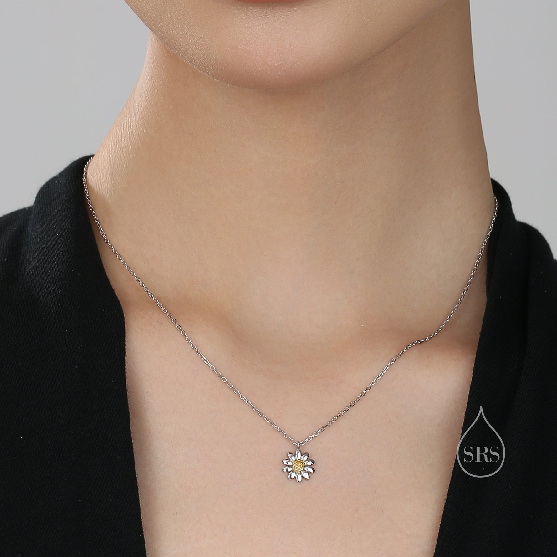 Sterling Silver Tiny Little Daisy Flower Pendant Necklace, Flower Necklace, Daisy Necklace, Two Tone Flower Pendant Necklace