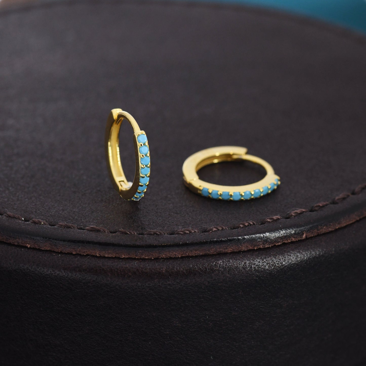 Turquoise Huggie Hoop in Sterling Silver, Silver or Gold, 8mm Inner Diameter Hoop Earrings, Turquoise Earrings