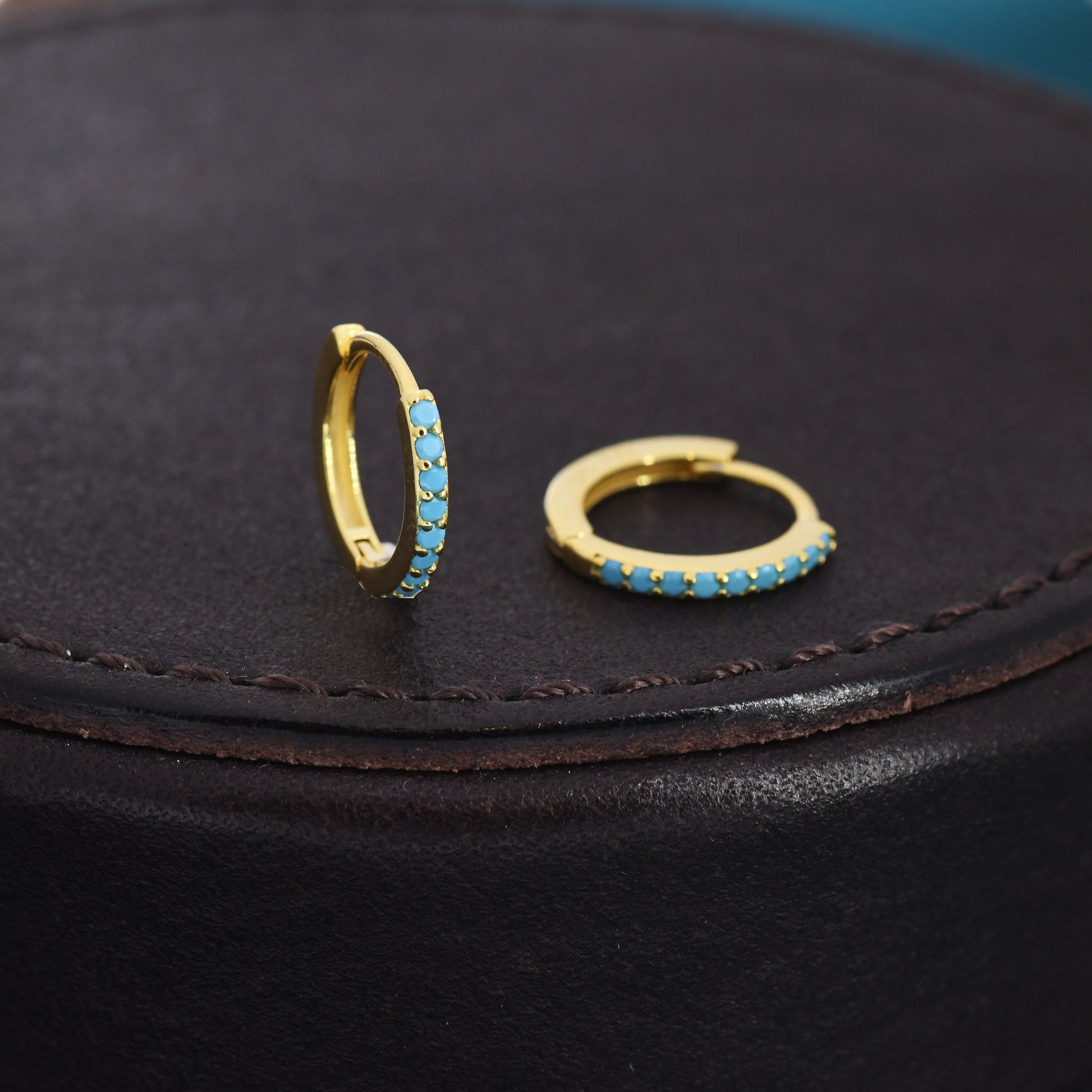 Turquoise Huggie Hoop in Sterling Silver, Silver or Gold, 8mm Inner Diameter Hoop Earrings, Turquoise Earrings
