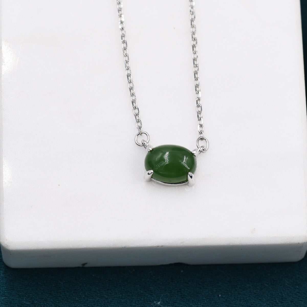Genuine Green Jade Oval Necklace in Sterling Silver, Dainty Jade Oval Cabochon Necklace, Natural Jade Necklace