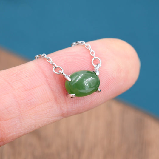 Genuine Green Jade Oval Necklace in Sterling Silver, Dainty Jade Oval Cabochon Necklace, Natural Jade Necklace