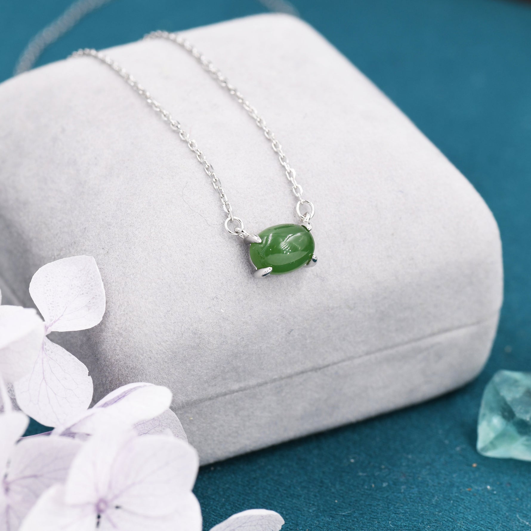 Genuine Green Jade Oval Necklace in Sterling Silver, Dainty Jade Oval Cabochon Necklace, Natural Jade Necklace