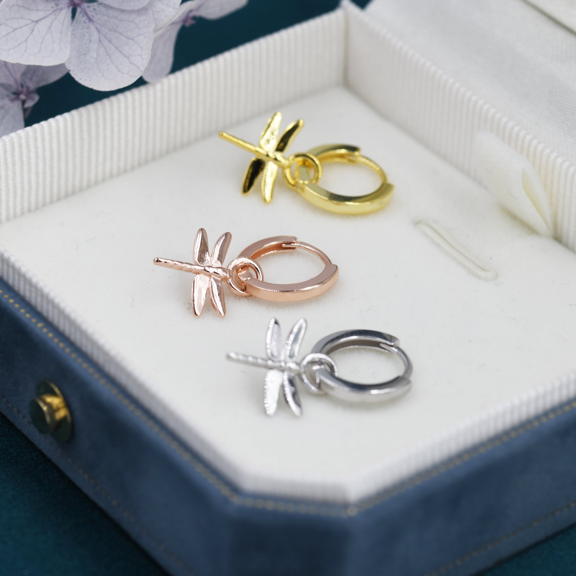 Sterling Silver Dragonfly Huggie Hoops, Silver, Gold or Rose Gold Finish, Dragonfly Hoop Earrings with Dangle Charms, Daily Dangle Earrings
