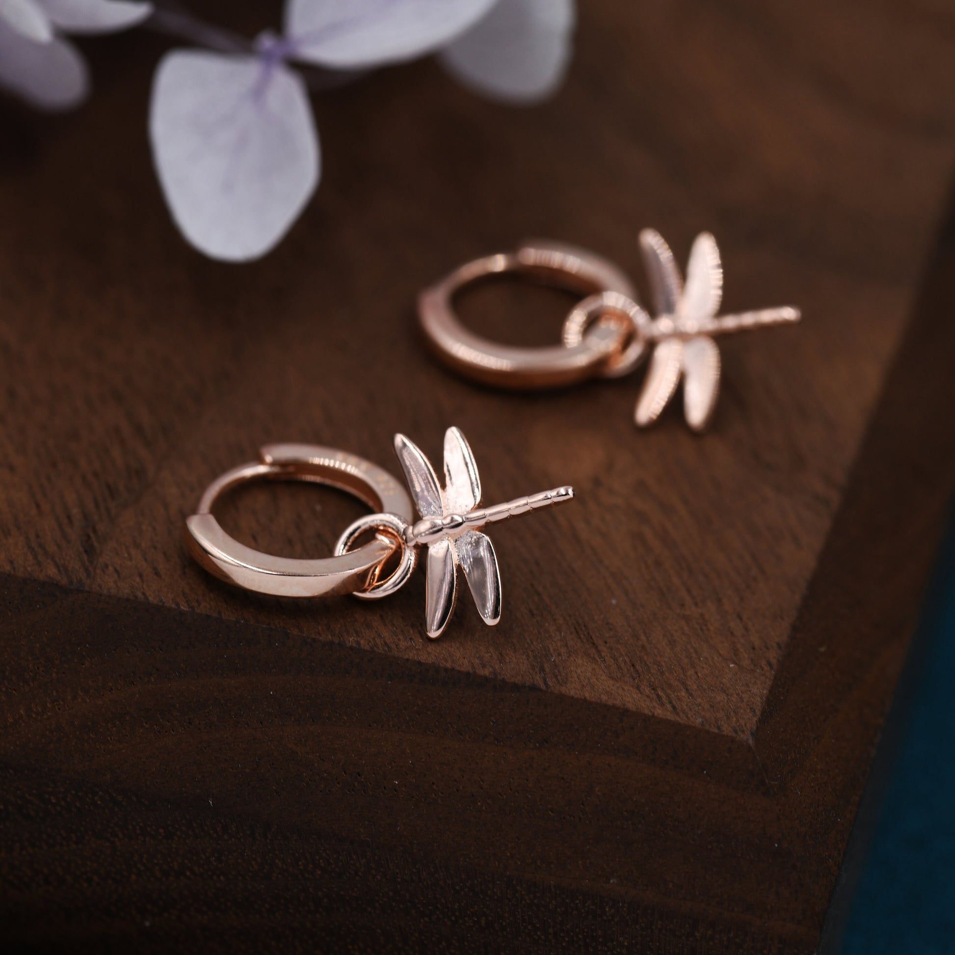 Sterling Silver Dragonfly Huggie Hoops, Silver, Gold or Rose Gold Finish, Dragonfly Hoop Earrings with Dangle Charms, Daily Dangle Earrings