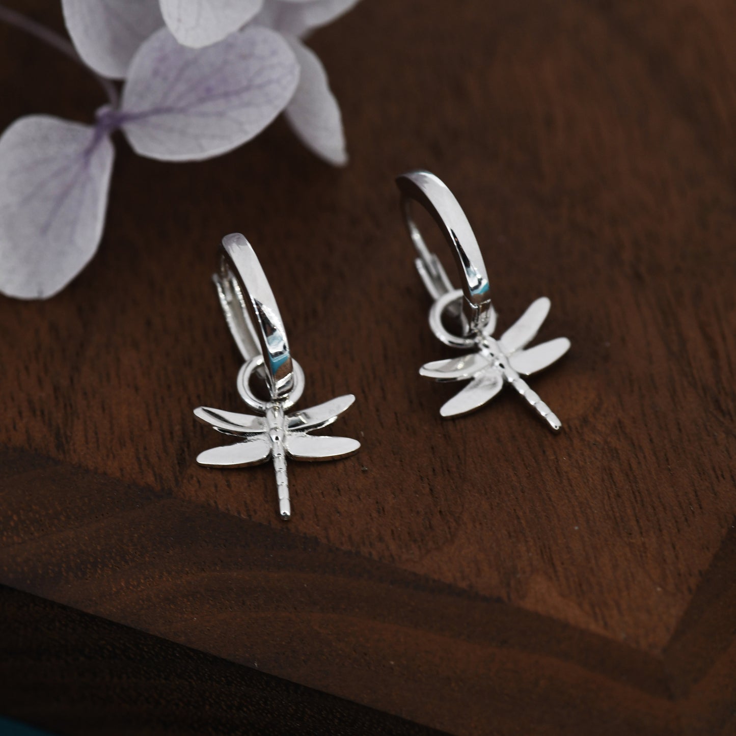 Sterling Silver Dragonfly Huggie Hoops, Silver, Gold or Rose Gold Finish, Dragonfly Hoop Earrings with Dangle Charms, Daily Dangle Earrings