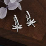 Sterling Silver Dragonfly Huggie Hoops, Silver, Gold or Rose Gold Finish, Dragonfly Hoop Earrings with Dangle Charms, Daily Dangle Earrings