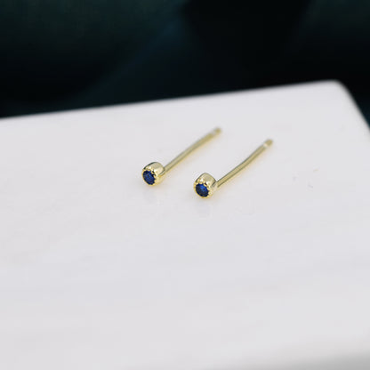 Extra Tiny 2mm Sapphire Blue CZ Stud Earrings in Sterling Silver, Barely Visible CZ Earrings, Stacking Earrings, Extra Small Stud Earrings