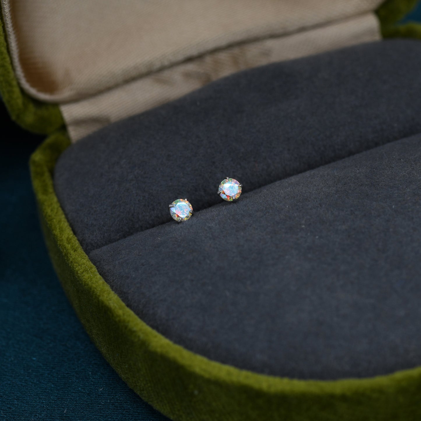 Aurora AB Crystal Tiny CZ Stud Earrings in Sterling Silver, 2.5mm Colour Changing Crystals, Extra Small