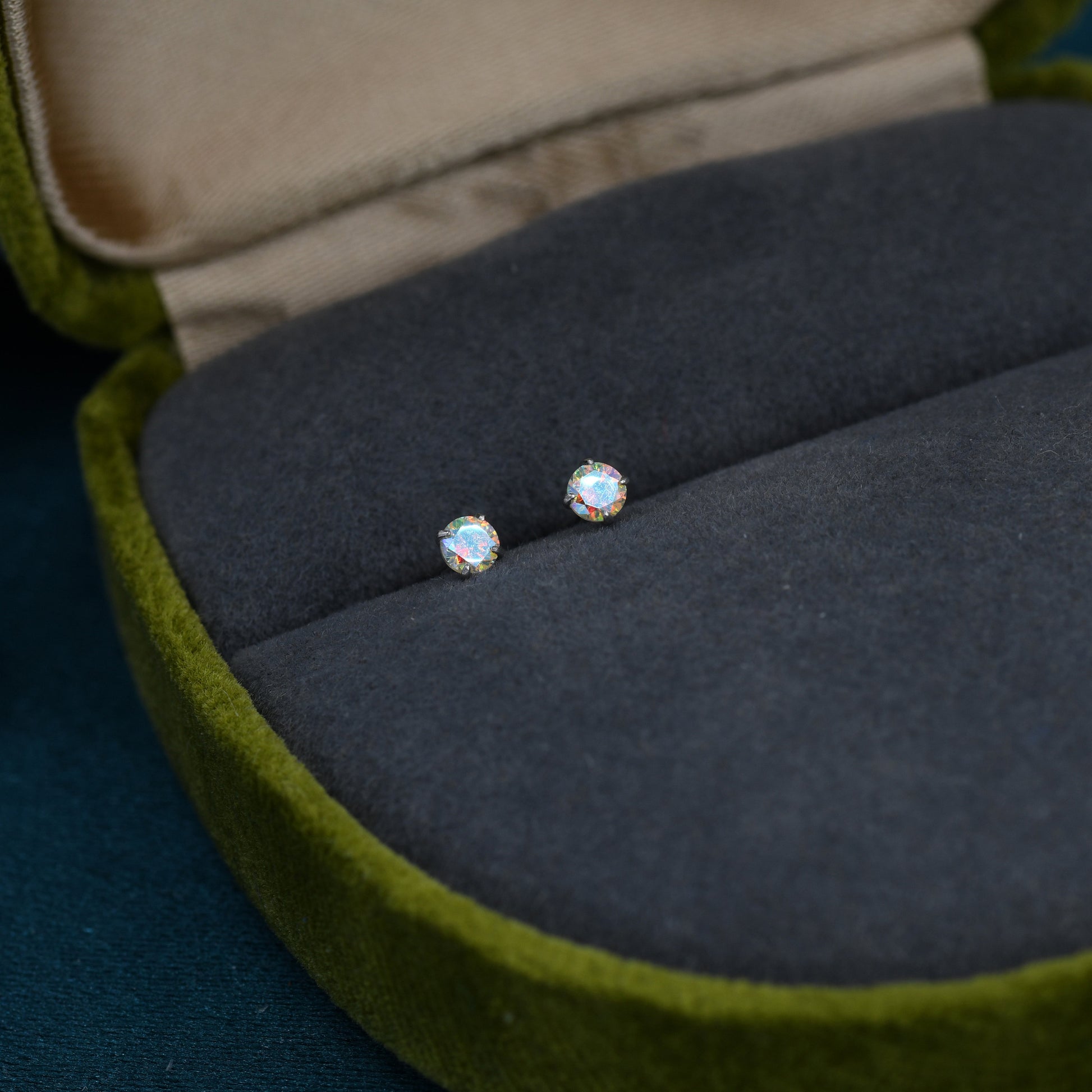 Aurora AB Crystal Tiny CZ Stud Earrings in Sterling Silver, 2.5mm Colour Changing Crystals, Extra Small