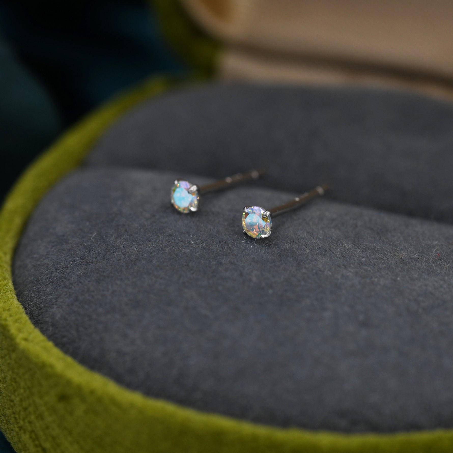 Aurora AB Crystal Tiny CZ Stud Earrings in Sterling Silver, 2.5mm/3mm Colour Changing Crystals, Extra Small