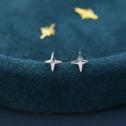 Four Point Star Stud Earrings in Sterling Silver, Tiny Celestial Stud, Polished or Textured, Gold or Silver