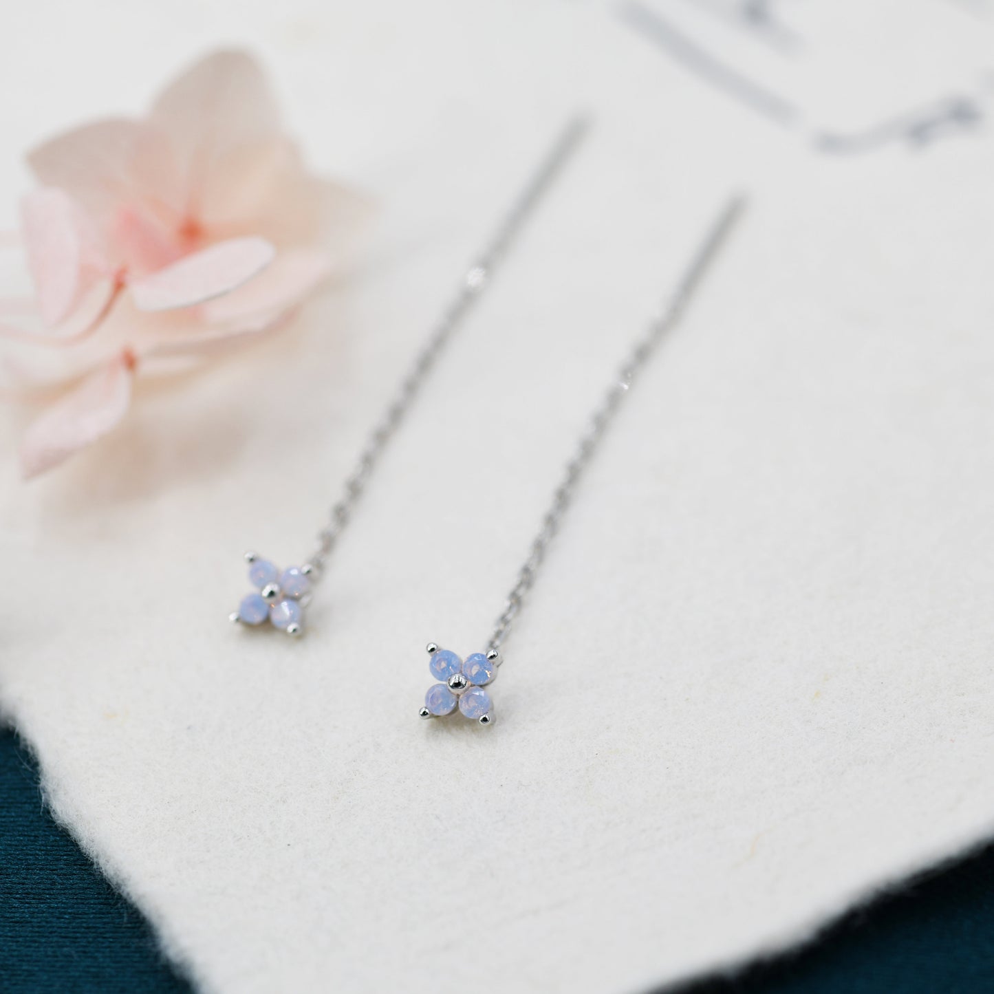 Tiny Hydrangea Flower CZ Threader Earrings in Sterling Silver, Silver or Gold, Pink Blue, Four Dot Crystal Ear Threaders, Flower CZ Earrings