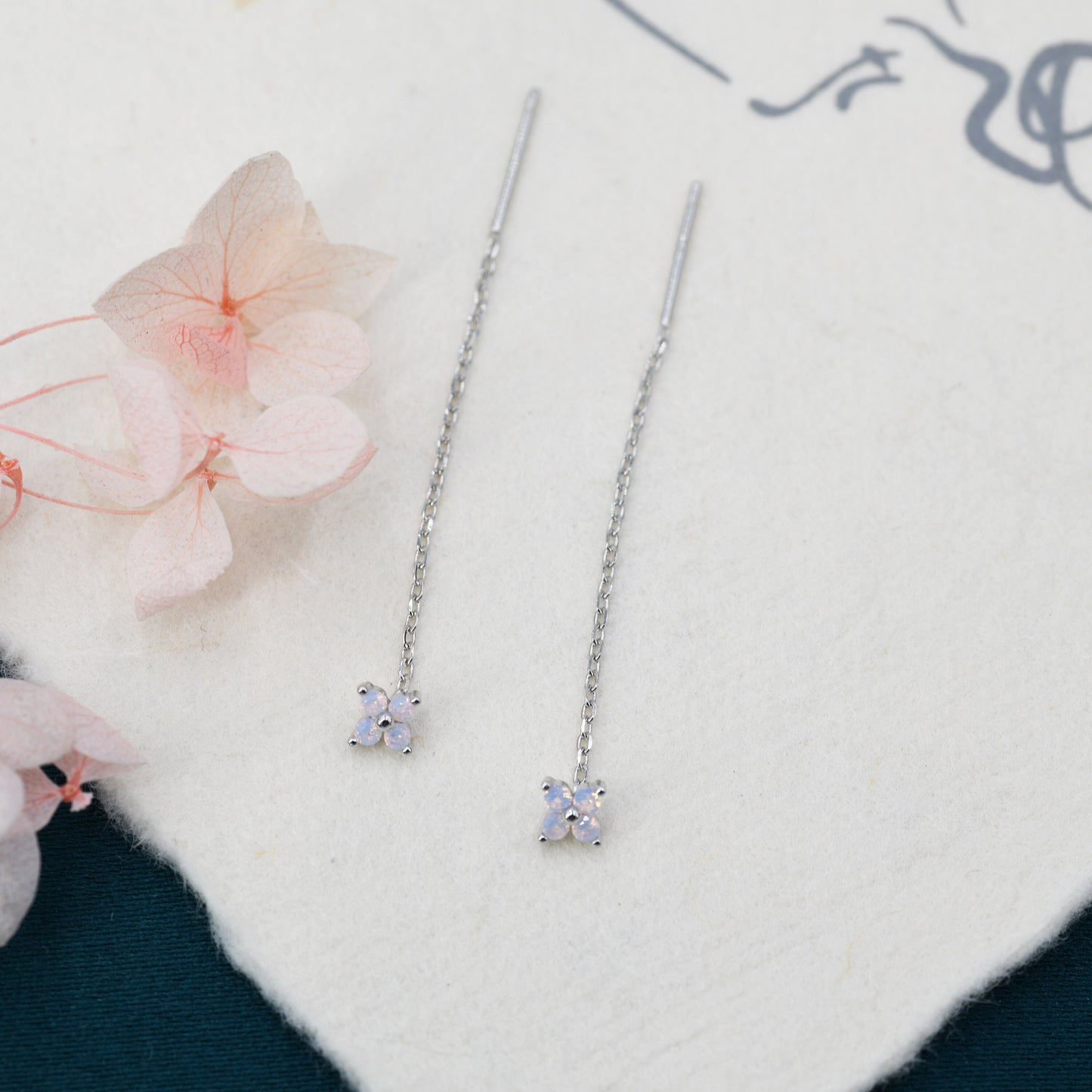 Tiny Hydrangea Flower CZ Threader Earrings in Sterling Silver, Silver or Gold, Pink Blue, Four Dot Crystal Ear Threaders, Flower CZ Earrings