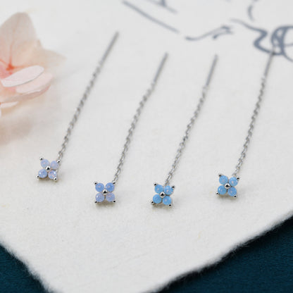 Tiny Hydrangea Flower CZ Threader Earrings in Sterling Silver, Silver or Gold, Pink Blue, Four Dot Crystal Ear Threaders, Flower CZ Earrings