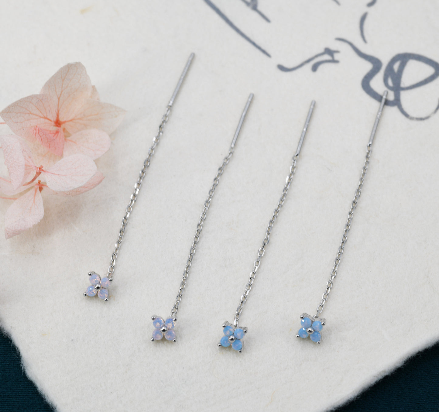 Tiny Hydrangea Flower CZ Threader Earrings in Sterling Silver, Silver or Gold, Pink Blue, Four Dot Crystal Ear Threaders, Flower CZ Earrings