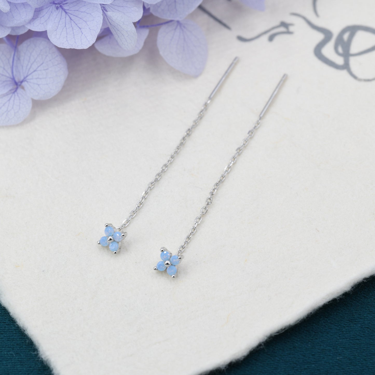 Tiny Hydrangea Flower CZ Threader Earrings in Sterling Silver, Silver or Gold, Pink Blue, Four Dot Crystal Ear Threaders, Flower CZ Earrings