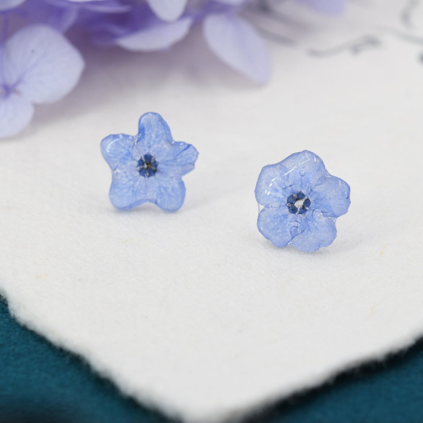 Resin Forget-Me-Not Flower Stud Earrings in Sterling Silver, Real Flower Earrings, Resin Flower Jewellery - Blue