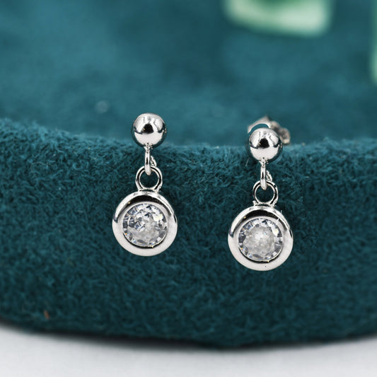 Tiny Dangling Solitaire CZ Stone Drop Stud Earrings in Sterling Silver, Classic Minimalist Geometric Design, Delicate