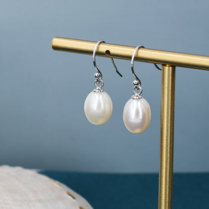 Natural Freshwater Pearl Huggie Drop Hook Earrings in Sterling Silver, Oval Pearl Earrings