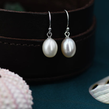 Natural Freshwater Pearl Huggie Drop Hook Earrings in Sterling Silver, Oval Pearl Earrings