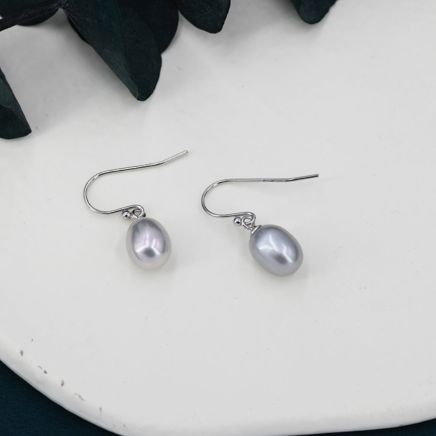 Sterling Silver Grey Pearl Earrings, Natural Freshwater Pearl Drop Hook Earrings in Sterling Silver, Oval Pearl Earrings