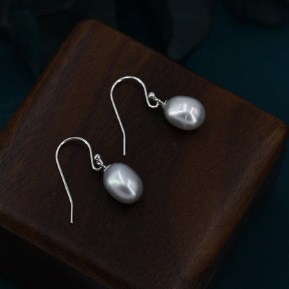 Sterling Silver Grey Pearl Earrings, Natural Freshwater Pearl Drop Hook Earrings in Sterling Silver, Oval Pearl Earrings