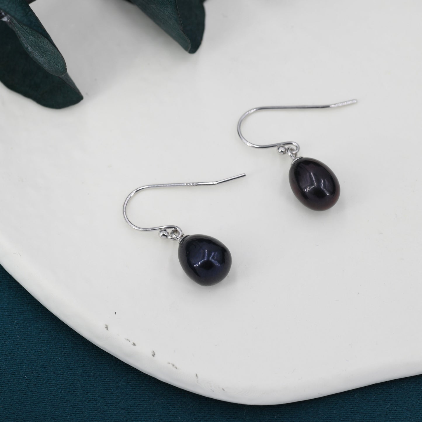 Sterling Silver Black Pearl Earrings, Natural Freshwater Pearl Drop Hook Earrings in Sterling Silver, Oval Pearl Earrings
