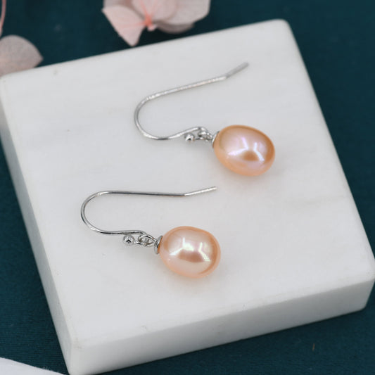 Sterling Silver Pink Pearl Earrings, Natural Freshwater Pearl Drop Hook Earrings in Sterling Silver, Oval Pearl Earrings