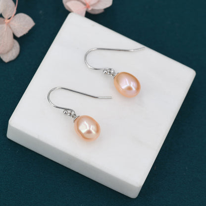 Sterling Silver Pink Pearl Earrings, Natural Freshwater Pearl Drop Hook Earrings in Sterling Silver, Oval Pearl Earrings