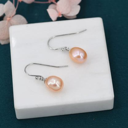 Sterling Silver Pink Pearl Earrings, Natural Freshwater Pearl Drop Hook Earrings in Sterling Silver, Oval Pearl Earrings