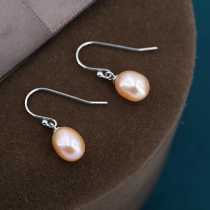 Sterling Silver Pink Pearl Earrings, Natural Freshwater Pearl Drop Hook Earrings in Sterling Silver, Oval Pearl Earrings