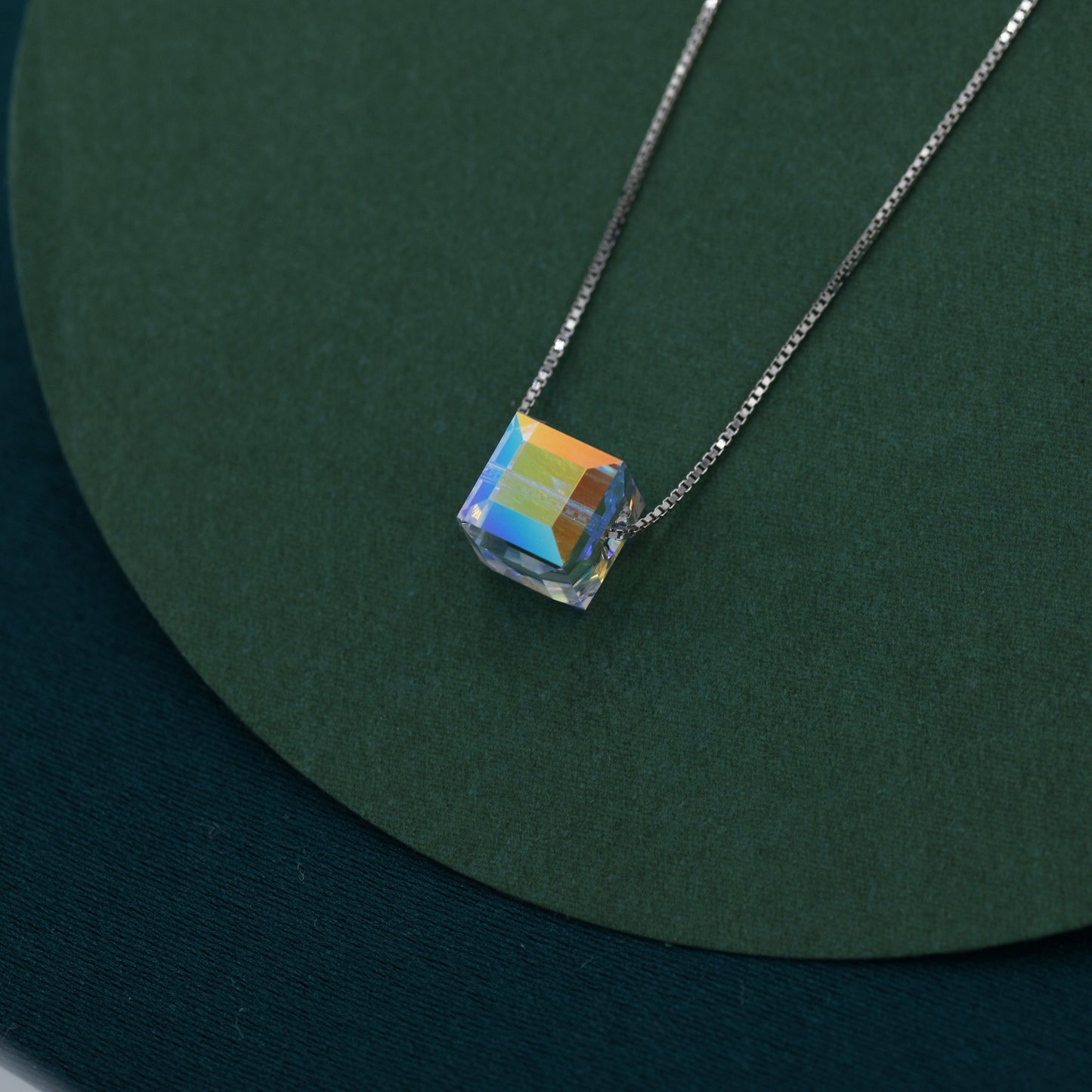 Prism Cube AB Crystal Pendant Necklace in Sterling Silver,  Colour Changing Aurora Crystal Necklace, Aurora Crystal, AB Crystal