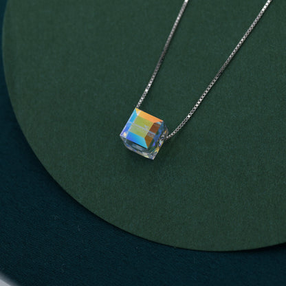 Prism Cube AB Crystal Pendant Necklace in Sterling Silver,  Colour Changing Aurora Crystal Necklace, Aurora Crystal, AB Crystal