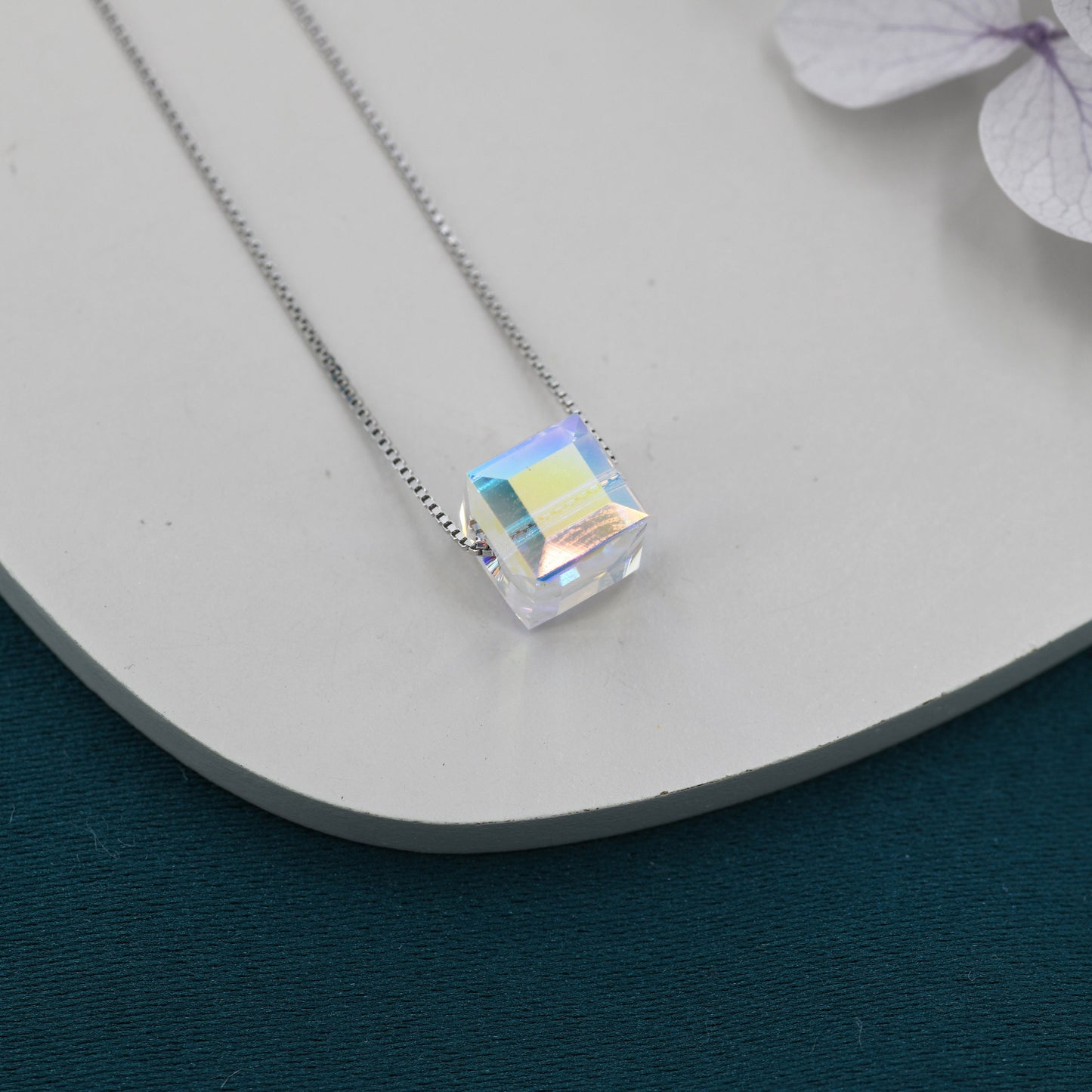 Prism Cube AB Crystal Pendant Necklace in Sterling Silver,  Colour Changing Aurora Crystal Necklace, Aurora Crystal, AB Crystal