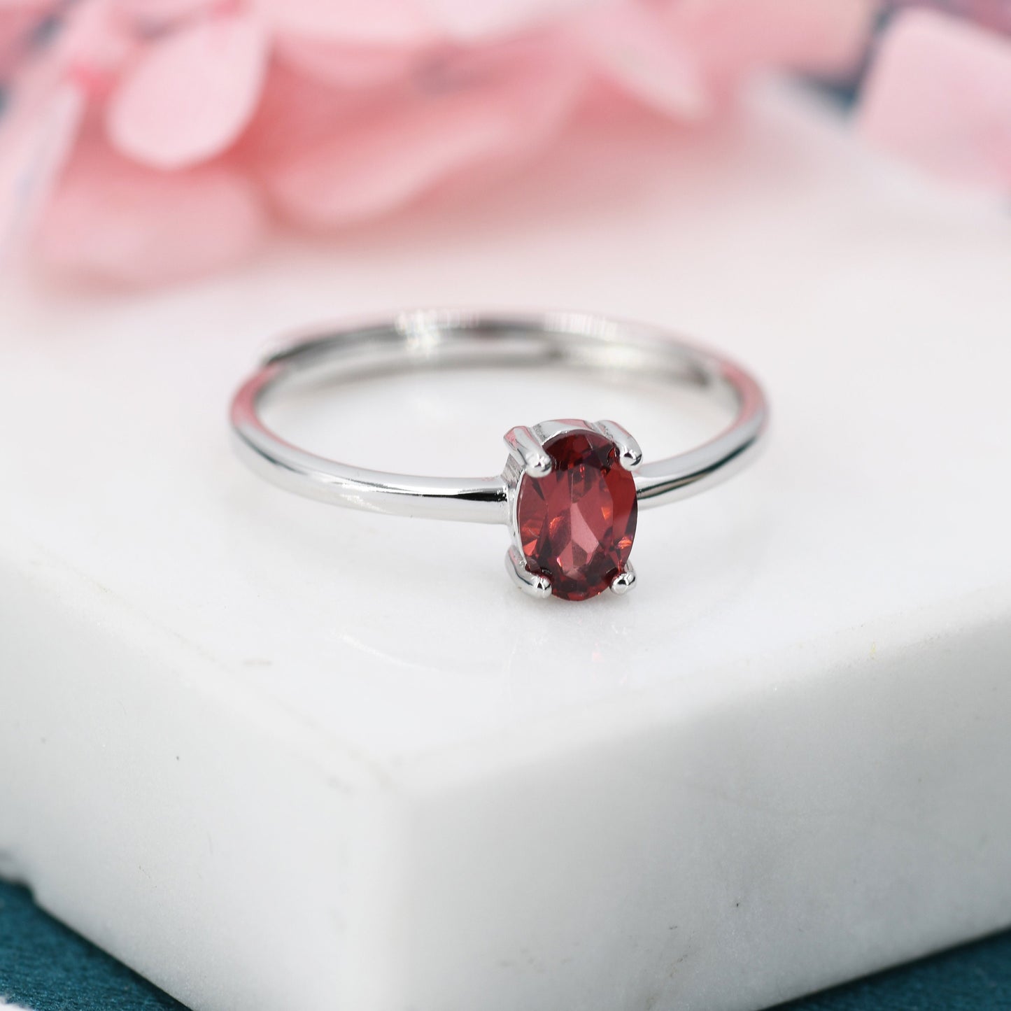 Natural Red Garnet Oval Ring in Sterling Silver, 4x6mm, Prong Set Oval Cut, Adjustable Size, Genuine Garnet Ring, January Birthstone