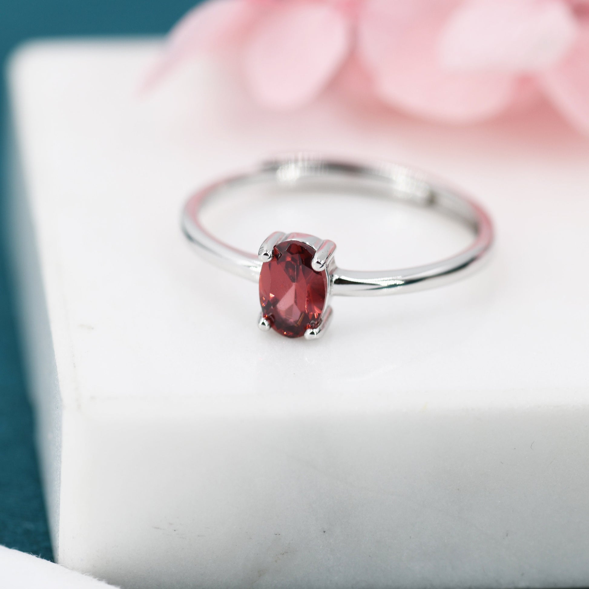 Natural Red Garnet Oval Ring in Sterling Silver, 4x6mm, Prong Set Oval Cut, Adjustable Size, Genuine Garnet Ring, January Birthstone