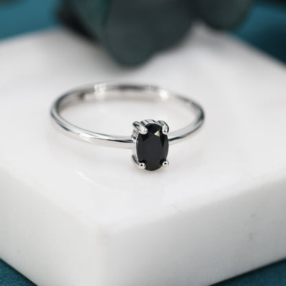 Natural Black Onyx Oval Ring in Sterling Silver,  4x6mm, Prong Set Oval Cut, Adjustable Size, Genuine Black Onyx Ring