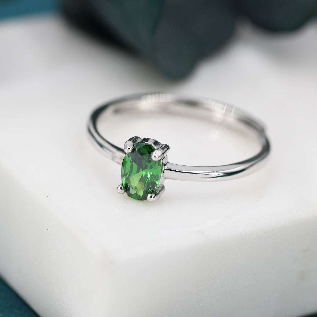 Created Green Emerald Oval Ring in Sterling Silver, 4x6mm, Prong Set Oval Cut, Adjustable Size, Lab Emerald Ring, May Birthstone