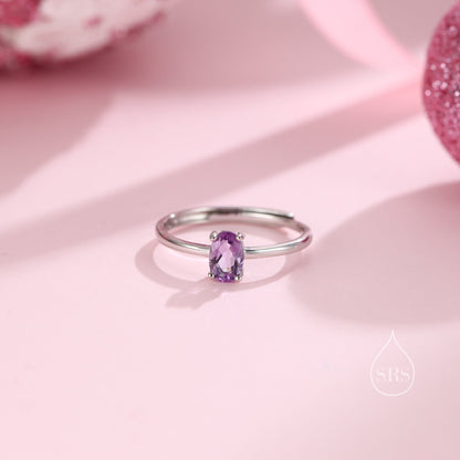 Natural Amethyst Oval Ring in Sterling Silver,  4x6mm, Prong Set Oval Cut, Adjustable Size, Genuine Amethyst Ring, February Birthstone