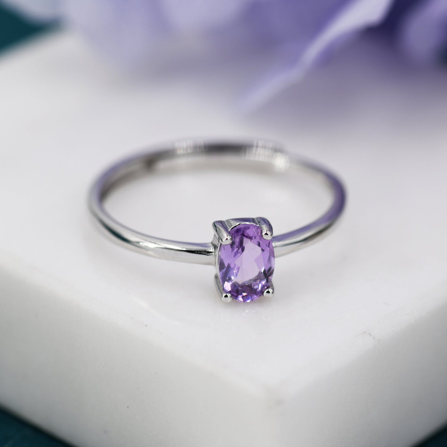 Natural Amethyst Oval Ring in Sterling Silver,  4x6mm, Prong Set Oval Cut, Adjustable Size, Genuine Amethyst Ring, February Birthstone