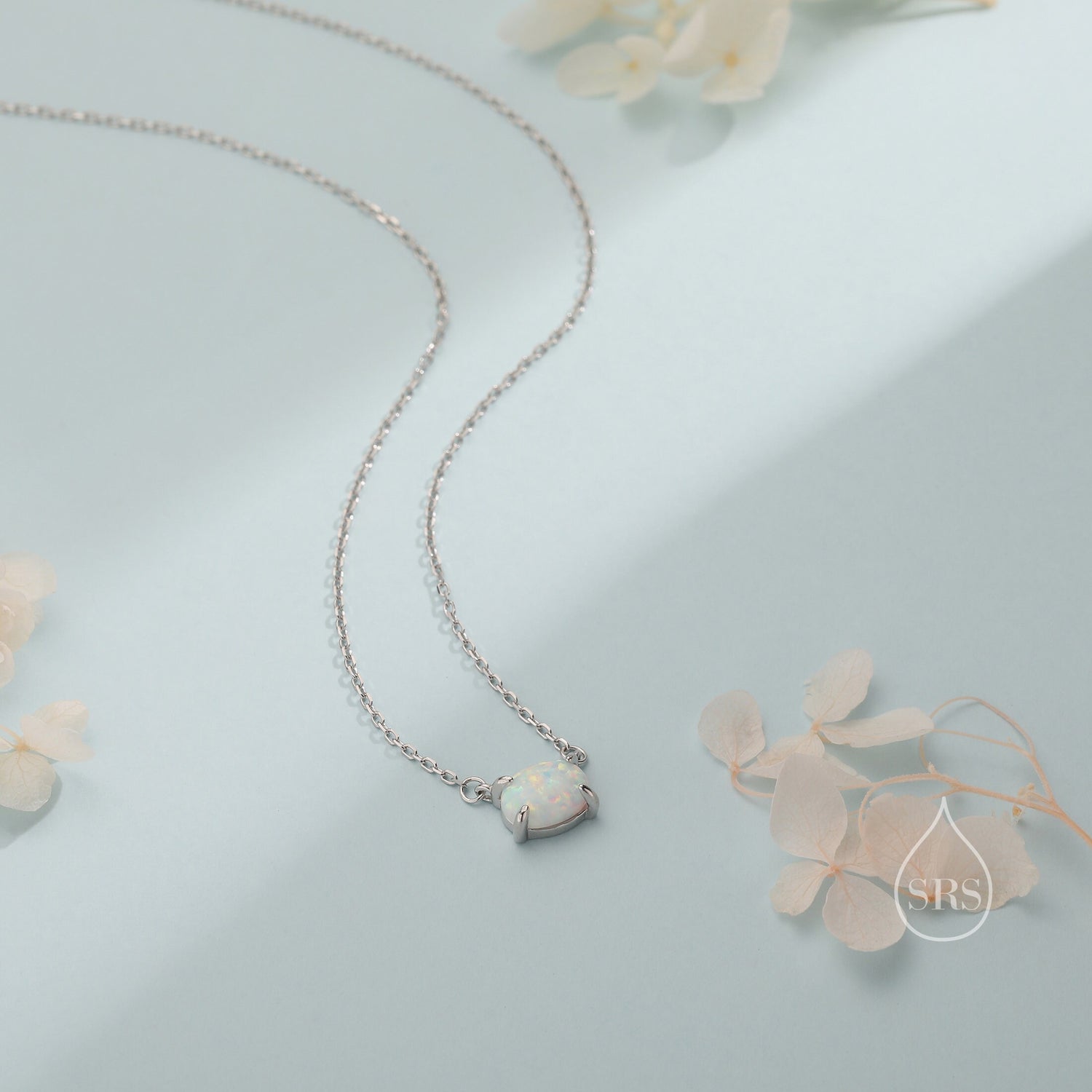 White Opal Oval Necklace in Sterling Silver, Dainty Lab Oval Cabochon Necklace, October Birthstone